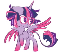 Size: 1107x926 | Tagged: safe, artist:lamianxious, twilight sparkle, alicorn, pony, g4, alternate design, colored wings, colored wingtips, frown, glasses, solo, spread wings, twilight sparkle (alicorn), wings