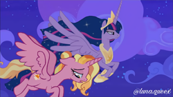 Size: 1920x1080 | Tagged: safe, artist:luna.queex, edit, edited screencap, screencap, luster dawn, twilight sparkle, alicorn, pony, g4, horse play, the last problem, alicornified, crown, duo, female, flying, frown, hoof shoes, horn, jewelry, lustercorn, mare, night, older, older twilight, older twilight sparkle (alicorn), outdoors, peytral, princess twilight 2.0, race swap, regalia, signature, twilight sparkle (alicorn), wings