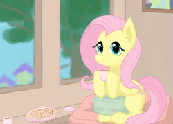 Size: 1603x1145 | Tagged: safe, artist:podiponi, fluttershy, pegasus, pony, g4, chocolate, chocolate chip cookie, cookie, cup, cushion, cute, female, folded wings, food, hoof hold, hot chocolate, indoors, looking at you, marshmallow, mug, shyabetes, sitting, smiling, solo, three quarter view, window, wings