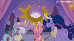 Size: 1920x1080 | Tagged: safe, artist:luna.queex, luster dawn, princess flurry heart, twilight sparkle, alicorn, pony, g4, the last problem, the summer sun setback, alicornified, crown, eyelashes, eyes closed, female, horn, jewelry, lustercorn, mare, night, older, older flurry heart, older twilight, older twilight sparkle (alicorn), peytral, princess twilight 2.0, race swap, regalia, signature, smiling, stars, twilight sparkle (alicorn), wings