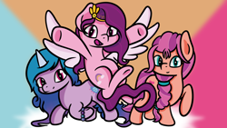 Size: 1920x1080 | Tagged: safe, artist:dinkyuniverse, izzy moonbow, pipp petals, sunny starscout, earth pony, pegasus, pony, unicorn, g5, leak, adorapipp, bipedal, bracelet, braid, cute, cutie mark, female, flapping, horn, izzybetes, jewelry, mare, raised hoof, raised leg, red eyes, red-eyed pipp, sunnybetes, trio, wings, wrong eye color
