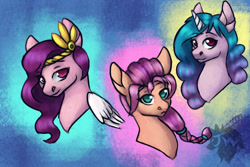 Size: 900x600 | Tagged: safe, artist:jazzwolfblaze, izzy moonbow, pipp petals, sunny starscout, earth pony, pegasus, pony, unicorn, g5, leak, bust, female, mare, portrait, red eyes, red-eyed pipp, trio