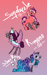 Size: 1000x1600 | Tagged: safe, artist:orphicswan, izzy moonbow, pipp petals, sunny starscout, earth pony, pegasus, pony, unicorn, g5, gradient background, grin, open mouth, open smile, raised hoof, redesign, smiling, solo, tail, wings