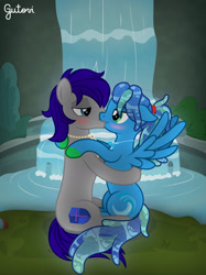 Size: 1600x2134 | Tagged: safe, artist:gutovi, oc, oc only, oc:maverick, oc:ocean soul, earth pony, pegasus, pony, blushing, duo, female, kiss on the lips, kissing, male, oc x oc, shipping, show accurate, soulverick, straight, waterfall