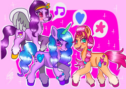 Size: 1280x905 | Tagged: safe, artist:roxiewinnipeg, izzy moonbow, pipp petals, sunny starscout, earth pony, pegasus, pony, unicorn, g5, leak, abstract background, female, heart, hooves, mare, music notes, pictogram, red eyes, red-eyed pipp