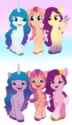 Size: 2408x4174 | Tagged: safe, artist:dyonys, izzy moonbow, pipp petals, sunny starscout, earth pony, pegasus, pony, unicorn, g5, female, mare, red eyes, red-eyed pipp, redesign, standing
