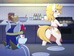Size: 1333x1000 | Tagged: safe, artist:vavacung, oc, oc:aerial ace, oc:alternate dawn, pegasus, pony, unicorn, comic:crazy future, apron, bipedal, butt, clothes, eyes on the prize, featureless crotch, female, looking at butt, mare, naked apron, plot, story included