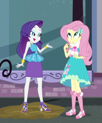 Size: 603x720 | Tagged: safe, artist:thedarkpony, edit, edited screencap, screencap, fluttershy, rarity, equestria girls, g4, my little pony equestria girls: better together, street chic, clothes, cropped, mud, mud edit, muddy shoes, rarity peplum dress, shoes