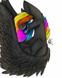 Size: 823x1024 | Tagged: safe, artist:yoonah, oc, oc only, pegasus, pony, bust, fangs, multicolored hair, open mouth, pegasus oc, rainbow hair, signature, simple background, solo, white background, wings