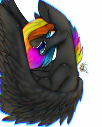 Size: 823x1024 | Tagged: safe, alternate version, artist:yoonah, oc, oc only, pegasus, pony, bust, fangs, multicolored hair, open mouth, pegasus oc, rainbow hair, signature, simple background, solo, white background, wings