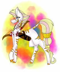Size: 860x1024 | Tagged: safe, artist:yoonah, oc, oc only, pony, zebra, abstract background, bow (weapon), colored hooves, jewelry, necklace, quiver, ring, solo, tail, tail ring, zebra oc