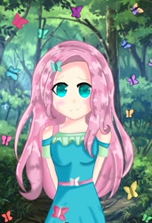 Size: 933x1361 | Tagged: safe, artist:flatterslay, fluttershy, butterfly, human, equestria girls, g4, blushing, breasts, busty fluttershy, cute, female, forest, humanized, shyabetes, solo