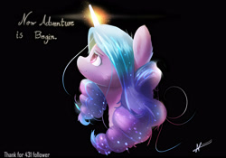 Size: 4000x2800 | Tagged: safe, artist:naafreelanceartist, izzy moonbow, pony, unicorn, g5, black background, bust, female, glowing horn, grammar error, high res, horn, mare, portrait, signature, simple background, solo, text