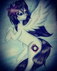 Size: 888x1110 | Tagged: safe, artist:cats_drawings_cos, oc, oc only, pegasus, pony, flower, flower in hair, flying, looking back, pegasus oc, rearing, smiling, solo, traditional art, wings