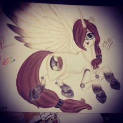 Size: 1080x1080 | Tagged: safe, alternate version, artist:cats_drawings_cos, oc, oc only, alicorn, human, pony, robot, robot pony, alicorn oc, colored, female, glasses, hair over one eye, hoof shoes, horn, mare, open mouth, solo, traditional art, wings