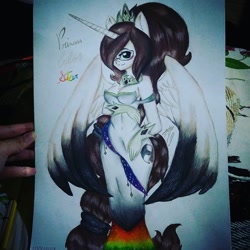 Size: 1080x1080 | Tagged: safe, artist:cats_drawings_cos, oc, oc only, alicorn, anthro, alicorn oc, breasts, cleavage, clothes, crown, dress, female, glasses, hair over one eye, horn, jewelry, necklace, regalia, solo, traditional art, wings