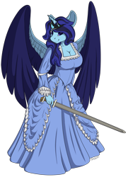 Size: 1650x2274 | Tagged: safe, artist:shadowblazearts, oc, oc only, alicorn, anthro, alicorn oc, breasts, cleavage, commission, female, horn, simple background, solo, sword, transparent background, weapon, wings