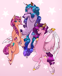 Size: 4952x6066 | Tagged: safe, artist:fountainstranger, izzy moonbow, pipp petals, sunny starscout, earth pony, pegasus, pony, unicorn, g5, abstract background, adorapipp, belly, concave belly, cute, female, hooves, mare, physique difference, red eyes, red-eyed pipp, slender, thin, trio