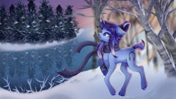 Size: 1280x720 | Tagged: safe, artist:muna, oc, oc only, pony, unicorn, clothes, female, forest, hooves, river, scarf, scenery, snow, solo, unshorn fetlocks