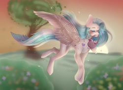 Size: 1280x936 | Tagged: safe, artist:muna, oc, oc only, pegasus, pony, basket, eyes closed, female, flying, meadow, mouth hold, solo, tree