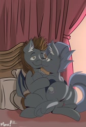 Size: 1181x1748 | Tagged: safe, artist:max!, oc, oc only, oc:devin, oc:grey mouse, bat pony, bat pony oc, bed, bedroom, butt, cuddling, cute, dock, featureless crotch, female, holding, kissing, looking at each other, love, male, oc x oc, older, passionate, pillow, plot, shipping, smiling, straight, tail, wholesome, wings