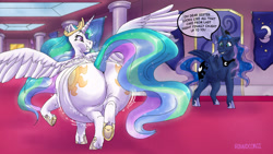 Size: 1920x1080 | Tagged: safe, artist:roundcorgi, princess celestia, princess luna, alicorn, pony, g4, angry, belly, big belly, butt, cake, cakelestia, canterlot castle, celestia is not amused, chubbylestia, crown, dialogue, ethereal mane, ethereal tail, fat, female, food, hoof shoes, indoors, jewelry, jiggle, large butt, mare, rear view, regalia, royal sisters, siblings, signature, sisters, starry mane, stomach noise, sunbutt, teasing, the ass was fat, this will end in tears and/or a journey to the moon, unamused, underhoof, walking, weight gain