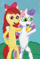 Size: 1024x1484 | Tagged: safe, artist:kaykeyser, apple bloom, sweetie belle, earth pony, pony, unicorn, g4, 1000 hours in ms paint, bipedal, female, lesbian, ship:sweetiebloom, shipping, solo
