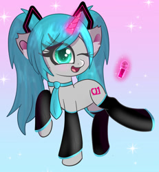 Size: 1024x1110 | Tagged: safe, artist:windykirin, pony, unicorn, abstract background, blushing, clothes, female, glowing horn, hatsune miku, hilarious in hindsight, horn, levitation, magic, microphone, one eye closed, ponified, solo, telekinesis, vocaloid, wink