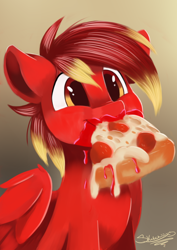 Size: 800x1131 | Tagged: safe, artist:sketchiix3, oc, oc only, oc:infernus, pegasus, pony, food, gradient background, happy, male, meat, messy eating, mouth hold, pepperoni, pepperoni pizza, pizza, smiling, solo