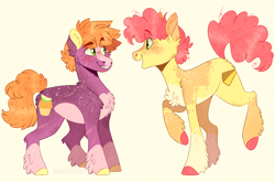 Size: 1668x1098 | Tagged: safe, artist:wanderingpegasus, li'l cheese, little mac, earth pony, pony, g4, the last problem, alternate hairstyle, blaze (coat marking), blushing, chest fluff, coat markings, colored hooves, duo, ear fluff, facial markings, fluffy, freckles, looking at each other, male, markings, nonbinary, older li'l cheese, older little mac, open mouth, pale belly, raised hoof, raised leg, simple background, snip (coat marking), socks (coat markings), stallion, unshorn fetlocks, white background
