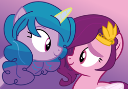 Size: 1246x866 | Tagged: safe, artist:jadeharmony, artist:miatdm, izzy moonbow, pipp petals, pegasus, pony, unicorn, g5, base used, duo, female, gradient background, lesbian, looking at each other, mare, red eyes, red-eyed pipp, ship:moonpetals, shipping