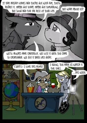 Size: 600x848 | Tagged: safe, artist:owlor, derpy hooves, mayor mare, earth pony, pegasus, pony, from the desk of mayor mare, g4, bipedal, camera, casablanca, duo, duo female, female, film, film projector, food, glass, globe, male, ponified, popcorn, wine glass