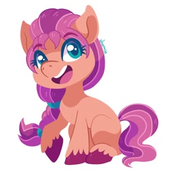 Size: 900x900 | Tagged: safe, artist:sharmie, sunny starscout, earth pony, pony, g5, my little pony: pony life, pony life, colored hooves, colored pupils, cute, eyebrows, eyebrows visible through hair, female, g5 to g4.5, generation leap, mare, open mouth, raised hoof, signature, simple background, sitting, solo, sunnybetes, unshorn fetlocks, white background