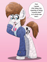 Size: 2900x3800 | Tagged: safe, artist:aarondrawsarts, oc, oc only, oc:brain teaser, crystal pony, earth pony, pony, clothes, commission, crystallized, dialogue, dock, earth pony oc, glasses, high res, suit