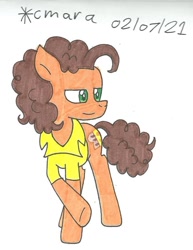Size: 844x1091 | Tagged: safe, artist:cmara, cheese sandwich, earth pony, pony, g4, clothes, male, raised hoof, shirt, simple background, smug, solo, stallion, traditional art, white background