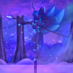 Size: 2000x2000 | Tagged: safe, artist:minelvi, oc, oc only, alicorn, pony, alicorn oc, balancing, bipedal, commission, high res, horn, not luna, outdoors, signature, solo, staff, tree, wings, ych result