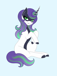 Size: 1280x1708 | Tagged: safe, artist:ocean-drop, oc, oc only, oc:masquerade mask, changepony, hybrid, pony, blue background, interspecies offspring, magical lesbian spawn, offspring, parent:queen chrysalis, parent:rarity, parents:rarilis, simple background, sitting, solo