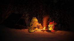 Size: 1643x909 | Tagged: safe, artist:sodapop200, apple bloom, applejack, earth pony, pony, g4, campfire, chibi, cute, forest, guitar, musical instrument, night, parody, snow, tent, tree