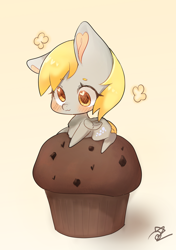 Size: 2000x2835 | Tagged: safe, artist:choyamy, derpy hooves, pegasus, pony, g4, blushing, chibi, female, food, high res, muffin, solo, that pony sure does love muffins, tiny, tiny ponies