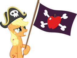 Size: 2804x2138 | Tagged: safe, artist:gamemasterluna, applejack, earth pony, pony, g4, pinkie apple pie, captain hat, female, flag, gritted teeth, hat, high res, hoof hold, mare, no tail, pirate, pirate applejack, simple background, solo, transparent background, vector