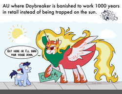 Size: 2000x1533 | Tagged: safe, artist:pink-pone, daybreaker, princess luna, oc, alicorn, pony, g4, :t, angry, colt, dialogue, fate worse than death, female, glare, gritted teeth, hoof hold, male, mare, open mouth, raised hoof, shocked, simple background, spread wings, sun, text, trolluna, white background, wide eyes, wings