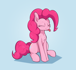 Size: 2400x2200 | Tagged: safe, artist:aquaticvibes, pinkie pie, earth pony, pony, :p, blue background, cute, diapinkes, eyes closed, female, mare, ponk, silly, silly pony, simple background, sitting, smiling, solo, tongue out