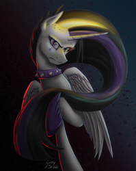Size: 2544x3202 | Tagged: safe, artist:grayscalemlp, daybreaker, princess celestia, pony, between dark and dawn, g4, angry, high res, mane of fire, mid-transformation, punklestia, raised hoof, signature, slit pupils, solo
