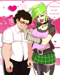 Size: 2519x3118 | Tagged: safe, artist:ninalife31, cherry crash, equestria girls, g4, background human, breasts, busty cherry crash, chevan, cleavage, clothes, dialogue, female, floating heart, glasses, green hair, happy trance, heart, high res, hypnosis, lip piercing, male, miniskirt, nose piercing, older, piercing, plaid skirt, shipping, skirt, speech bubble, swirly eyes, zettai ryouiki