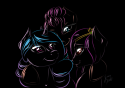 Size: 2972x2097 | Tagged: safe, artist:grayscalemlp, izzy moonbow, pipp petals, sunny starscout, earth pony, pegasus, pony, unicorn, g5, bust, female, high res, limited palette, mare, portrait, red eyes, red-eyed pipp, signature, smiling, trio