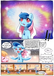 Size: 1240x1754 | Tagged: safe, artist:brony_festival, oc, oc:electronia, oc:lyre wave, earth pony, pony, sea pony, comic:electrowave, china, crying, derp, duo, duo female, female, mascot, mur cat, open mouth, qingdao, qingdao brony festival