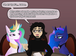 Size: 3773x2795 | Tagged: safe, artist:andaluce, princess celestia, princess luna, alicorn, human, g4, cover art, female, high res, jewelry, mare, monty python, monty python and the holy grail, regalia, simple background, speech bubble, unamused