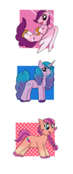 Size: 1536x3654 | Tagged: safe, artist:volcanicdash, izzy moonbow, pipp petals, sunny starscout, earth pony, pegasus, pony, unicorn, g5, female, red eyes, red-eyed pipp, triptych