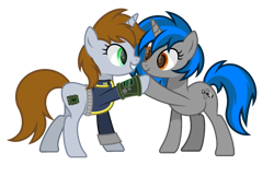 Size: 1700x1100 | Tagged: safe, artist:ponkus, oc, oc only, oc:homage, oc:littlepip, pony, unicorn, fallout equestria, cute, duo, female, lesbian, mare, oc x oc, ship:pipmage, shipping, show accurate, simple background, transparent background