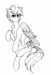Size: 2620x3823 | Tagged: source needed, safe, artist:julia-sunlight, oc, oc only, oc:dreamer skies, pegasus, pony, high res, lineart, monochrome, pegasus oc, pony oc, simple background, solo, traditional art